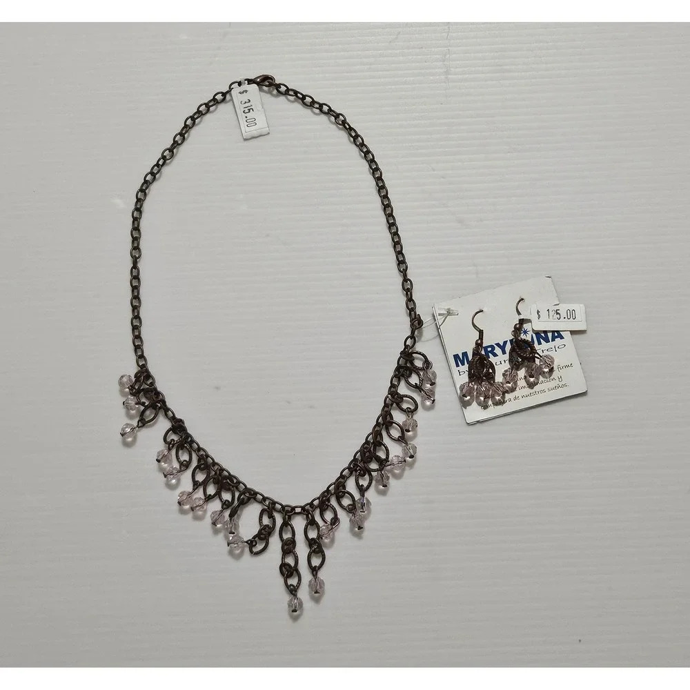Mary Luna by Lourdes Trejo Pink Crystal Bib Necklace and Earring Set Copper Tone